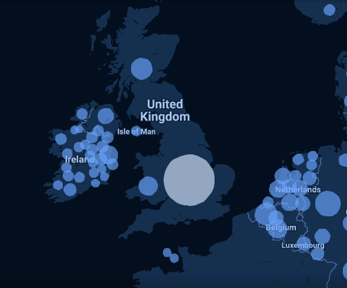 A outline of the British Isles and north-western Europe, with Belgium and Netherlands shown, with circles of different sizes, in different places on the map