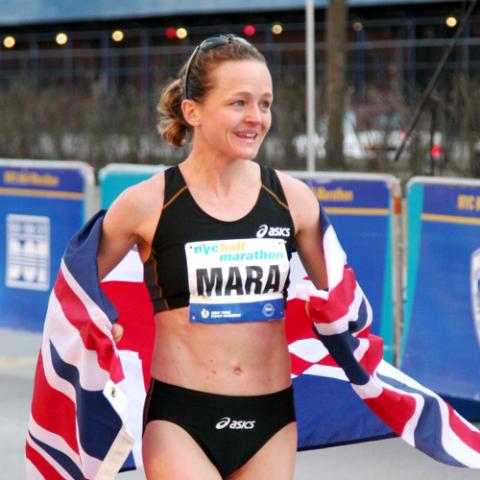 Mara Yamauchi Mara Yamauchi after the finish of the New York Half Marathon, with the Union flag across her shoulders