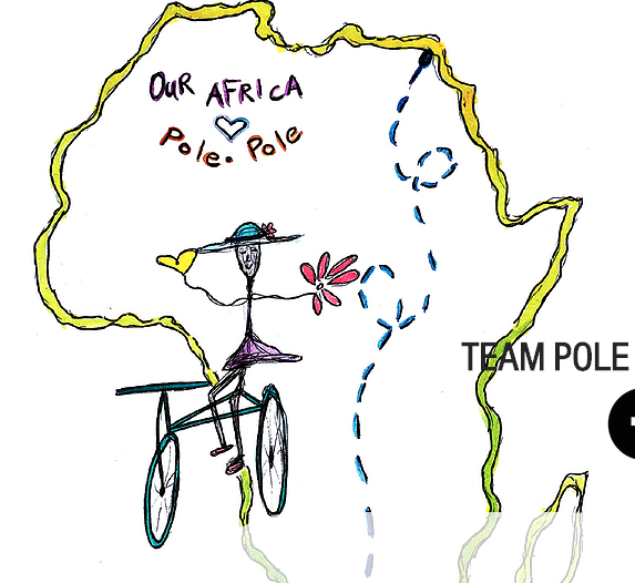 The pole pole logo - a drawing of a cyclist holding flowers, on an outline of the continent of Africa, with a dotted line from the north coast to the south