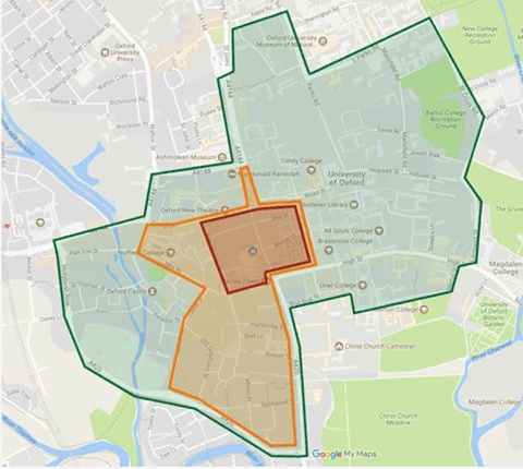 A map of the proposed zero emission zones in central Oxford, with a red zone around the very centre of the city, and orange zone slightly further out, and a green zone encompassing most of the centre of the city 