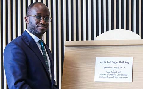 Universities Minister Sam Gyimah opening the Schrödinger Building