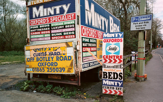 Photo of a 'Minty Beds' billboard covered lorry in Oxford's Botley Road
