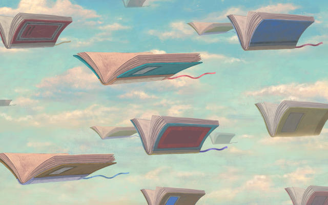 Surreal image of books flying across the sky