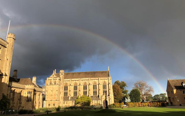 A rainbow appears over Mansfield College