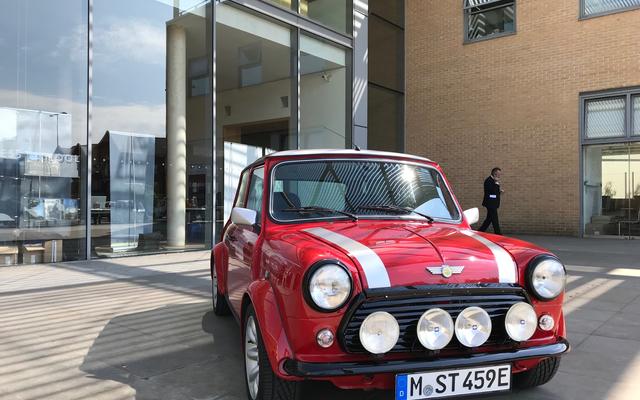 A classic MINI converted into an electric car on displayed at Oxford's first EV Summit in 2018