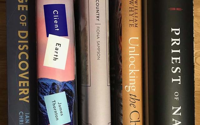 The spine of five books - 'Age of Discovery', 'Client Earth', 'Limestone Country', 'Unlocking the Victorian Church' and 'Priests of Nature'