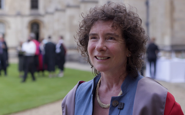 Jeanette Winterson CBE talked to camera during a film made about Oxford's 2021 Encaenia