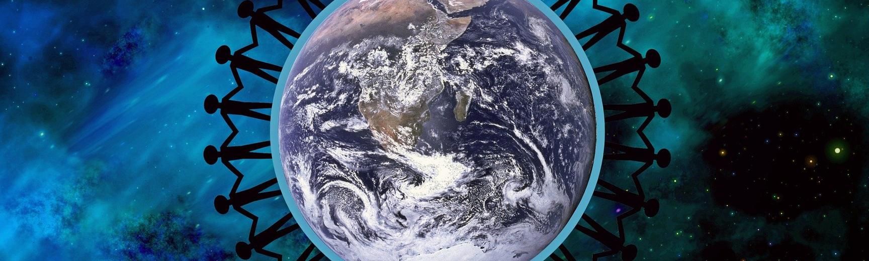 A circle of stick figures connecting hands stood on the earth as seen from space