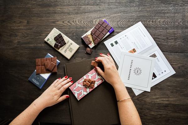 Hands on a desk surrounded by chocolate bars