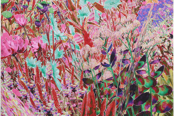Abstract artwork depicting a dense meadow of brightly coloured flowers in vivid pink, red, turquoise and purple tones