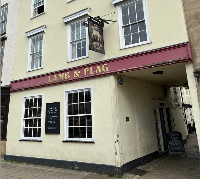 The Lamb and Flag pub seen from the outside, March 2024