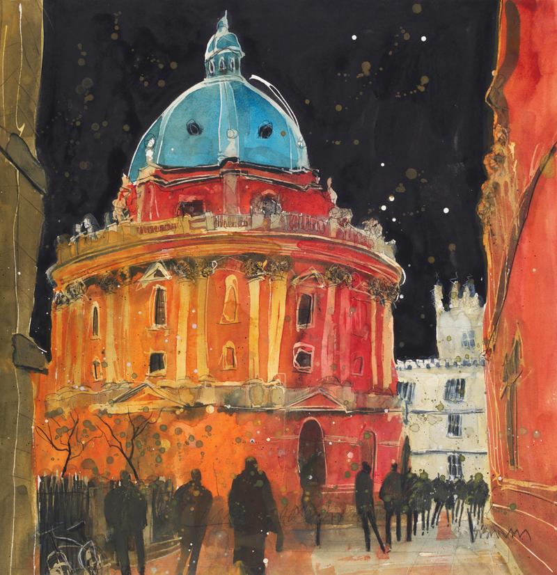 A painting of the Radcliffe Camera at night, with people silhouetted against it