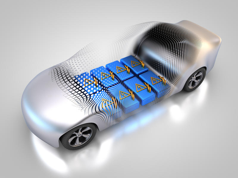 A graphic showing the positioning of batteries beneath the chassis on an electric car
