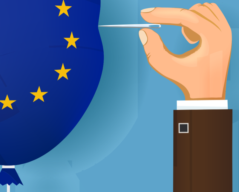 A cartoon drawing of a hand holding a pin, bursting a balloon in the colours of the EU logo