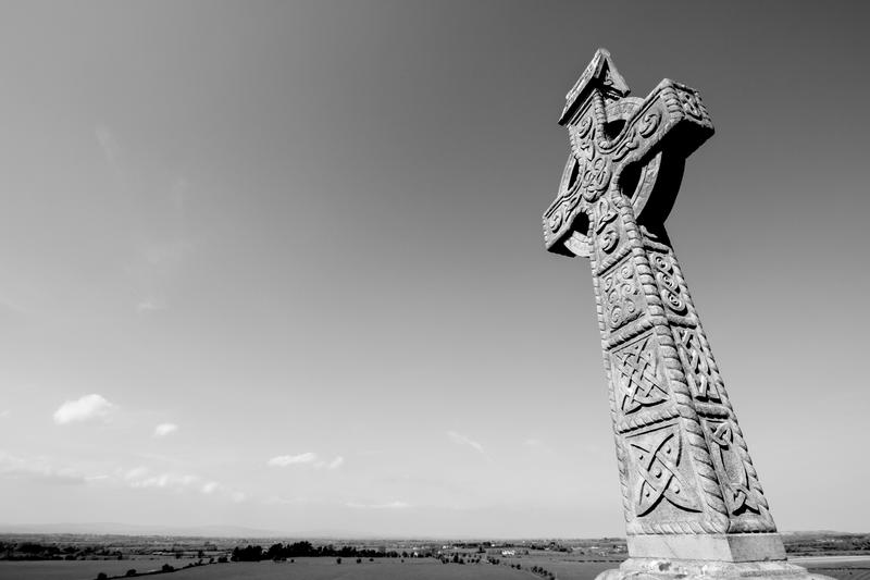 A black and white picture of Celtic Cross at Rock of Cashel, Co. Tipperary, Ireland