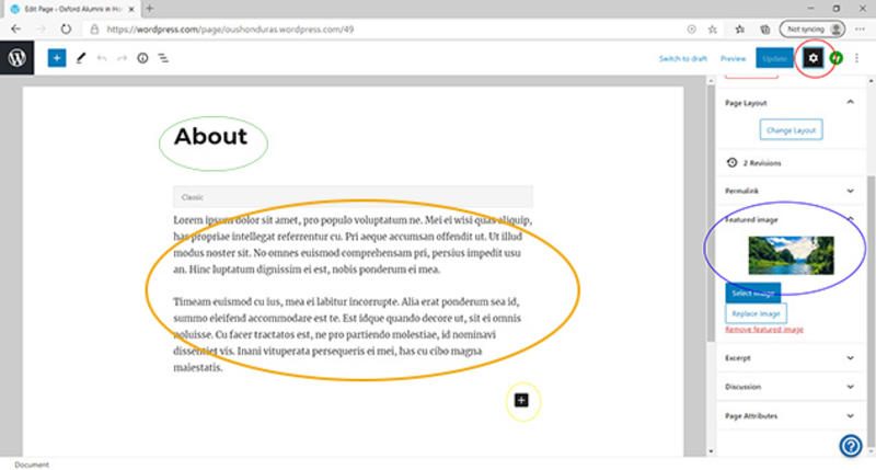 A screenshot of a WordPress webpage in the editing phase, with the title, placeholder text, featured image, and button to add an image in the text, all highlighted