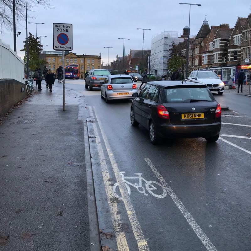 A cycle lane ending on the entry to Frideswide Square in Oxford