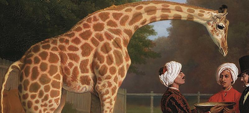 An extract from the cover of 'Menagerie, The history of exotic animals in England' - a giraffe is stood next to three gentlemen in turbans