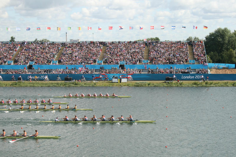 The final stages of the men's eights from the London 2012 Olympics - the Team GB boat is half a length of the other boats in the race