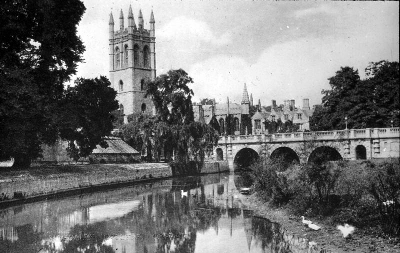 Magdalen College and tower, Oxford, seen from the river Thames, early 1900s