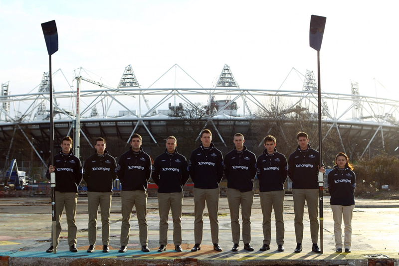 Oxford University rowing team of 2012 stood outside the Olympic Stadium in London