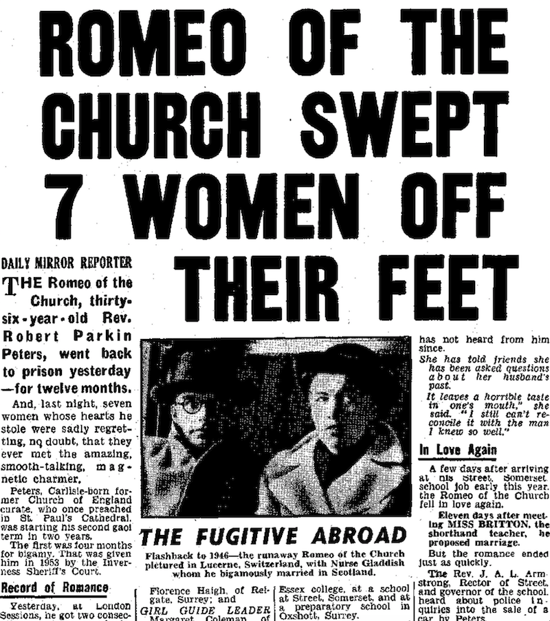 An article from an old newspaper, titled 'Romeo of the church swept 7 women off their feet'