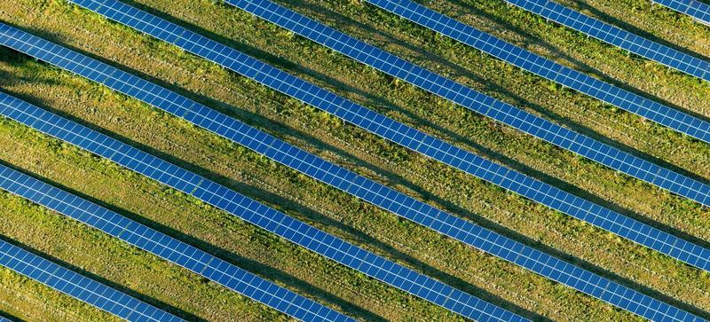 An aerial view of a field of solar cells
