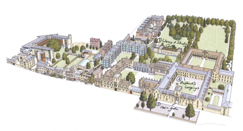 A map of St John's College, with the entrance, President's lodgings and library & study centre marked