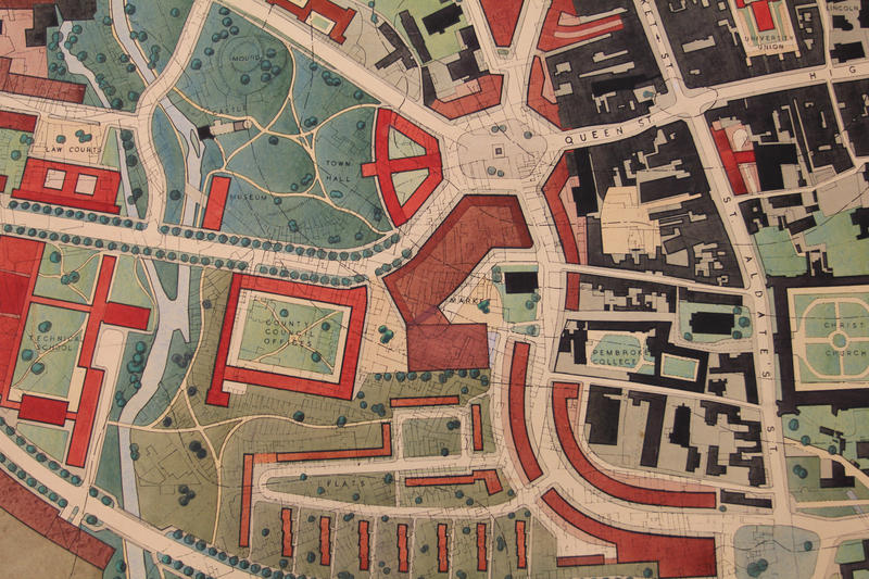 The Thomas Sharp map of Oxford, focusing on the area around the Castle and western end of Queen Street