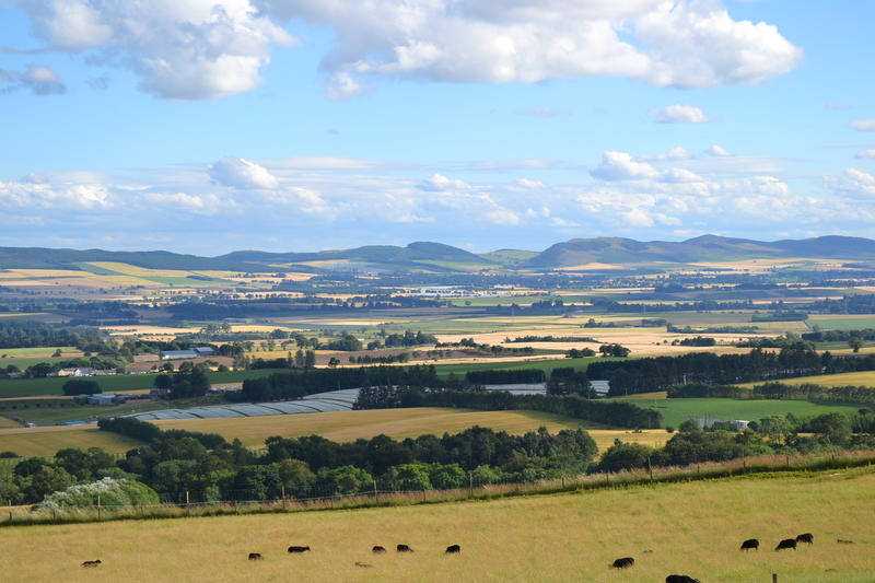 A view from a hill, over farmland toward hills in the distance