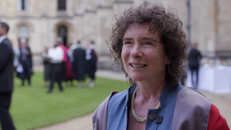 Jeanette Winterson CBE talked to camera during a film made about Oxford's 2021 Encaenia