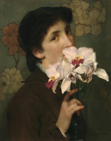 A young man poses with a bunch of orchids in a painted portrait