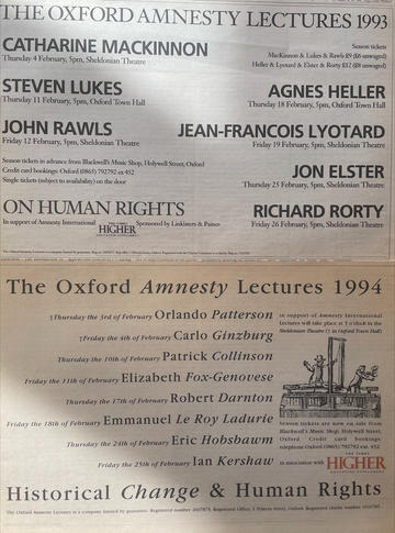 Old fliers and tickets for the Oxford Amnesty Lectures