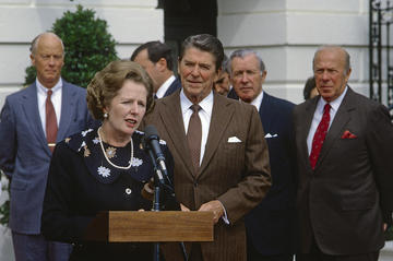 Thatcher, Reagan - George Shultz in the background right - The South Portico, the White House. 29th Sept. 1983. 