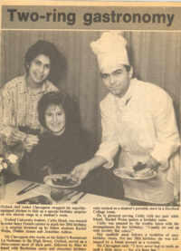 1987 La Sorbonne meal. Chef presenting a meal to student 